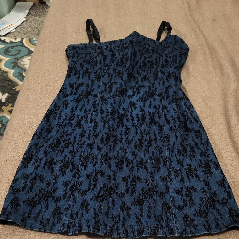 Blue Denim Spaghetti-Strap Dress with Black Burnout Velvet Floral Design